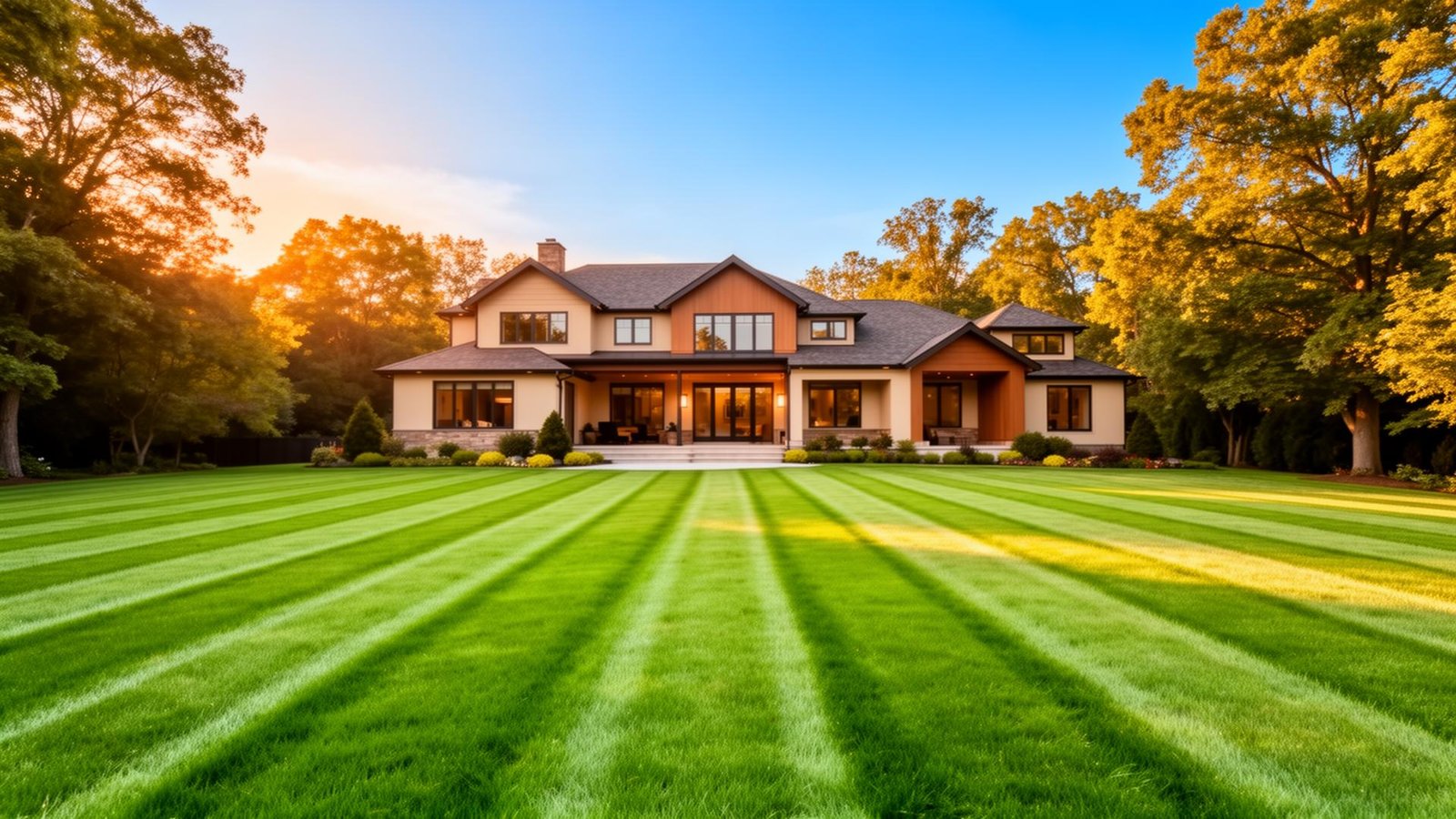 Freshly mowed striped lawn in front of a beautiful Oklahoma City home at golden hour